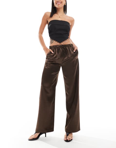 4th & Reckless satin straight leg tie waist trousers in brown - view 1