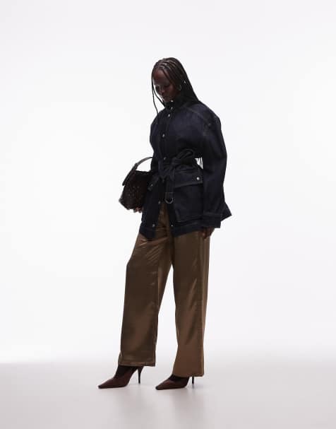 4th & Reckless satin straight leg tie waist trousers in khaki