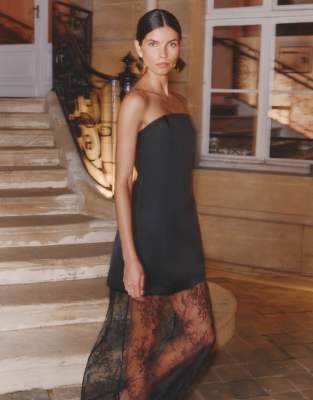 4th & Reckless Satin Structured Bandeau Open Back Lace Sheer Hem Maxi Dress In Black