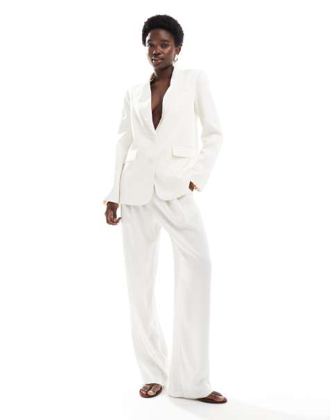 4th & Reckless satin tailored blazer and satin tailored pleat detail straight leg pants set in cream - view 1