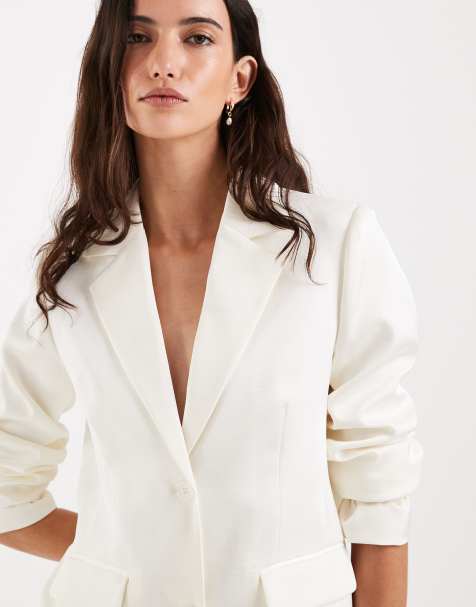 4th & Reckless satin tailored pocket front blazer in cream - part of a set - view 1
