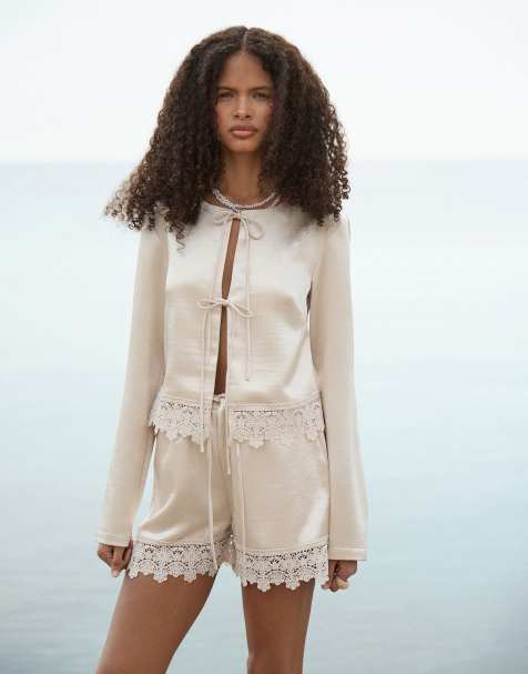 4th & Reckless satin tie front crochet trim beach top co-ord in buttercream - view 1