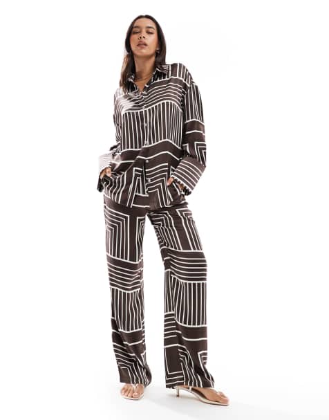 4th & Reckless satin wide cuff button front shirt and satin wide leg trouser co-ord in brown tile print - BROWN - view 1