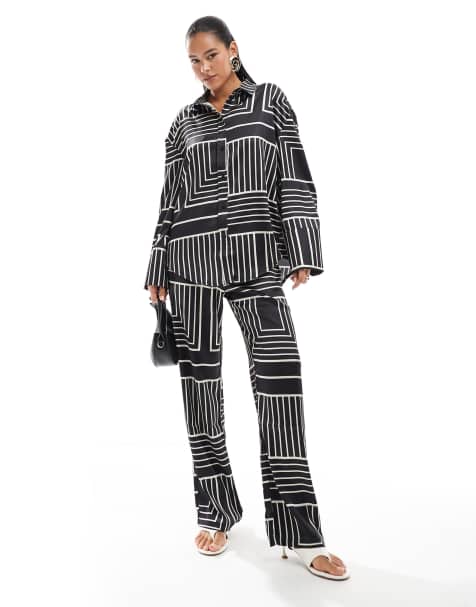 4th & Reckless satin wide cuff button front shirt co-ord in black tile print - view 1