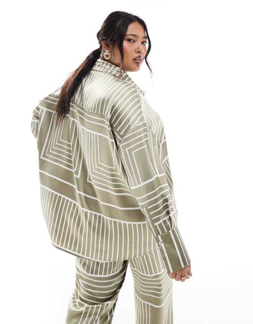 4th & Reckless satin wide cuff button front shirt in sage tile print - part of a set