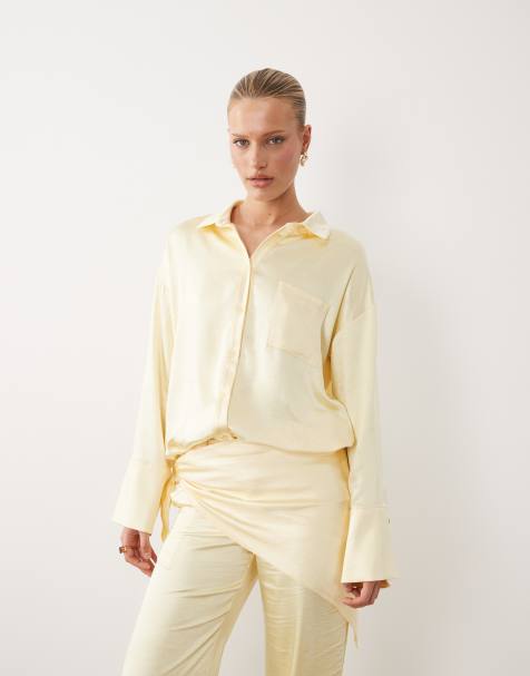 4th & Reckless satin wide cuff pocket front shirt in lemon - part of a set - view 1