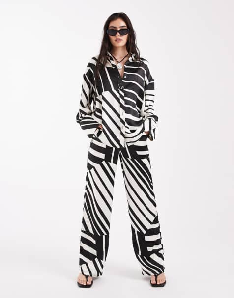 4th & Reckless satin wide cuff shirt and wide leg trousers co-ord in black and white print - view 1