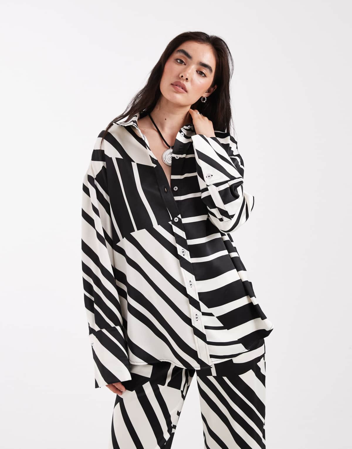 4th & Reckless satin wide cuff shirt co-ord in black and white print