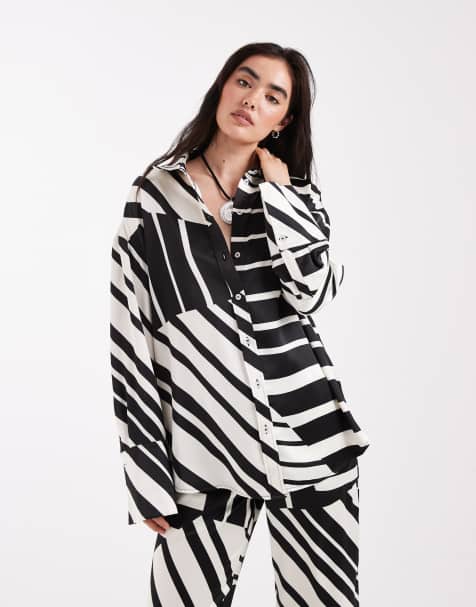 4th & Reckless satin wide cuff shirt in black and white print - part of a set - view 1