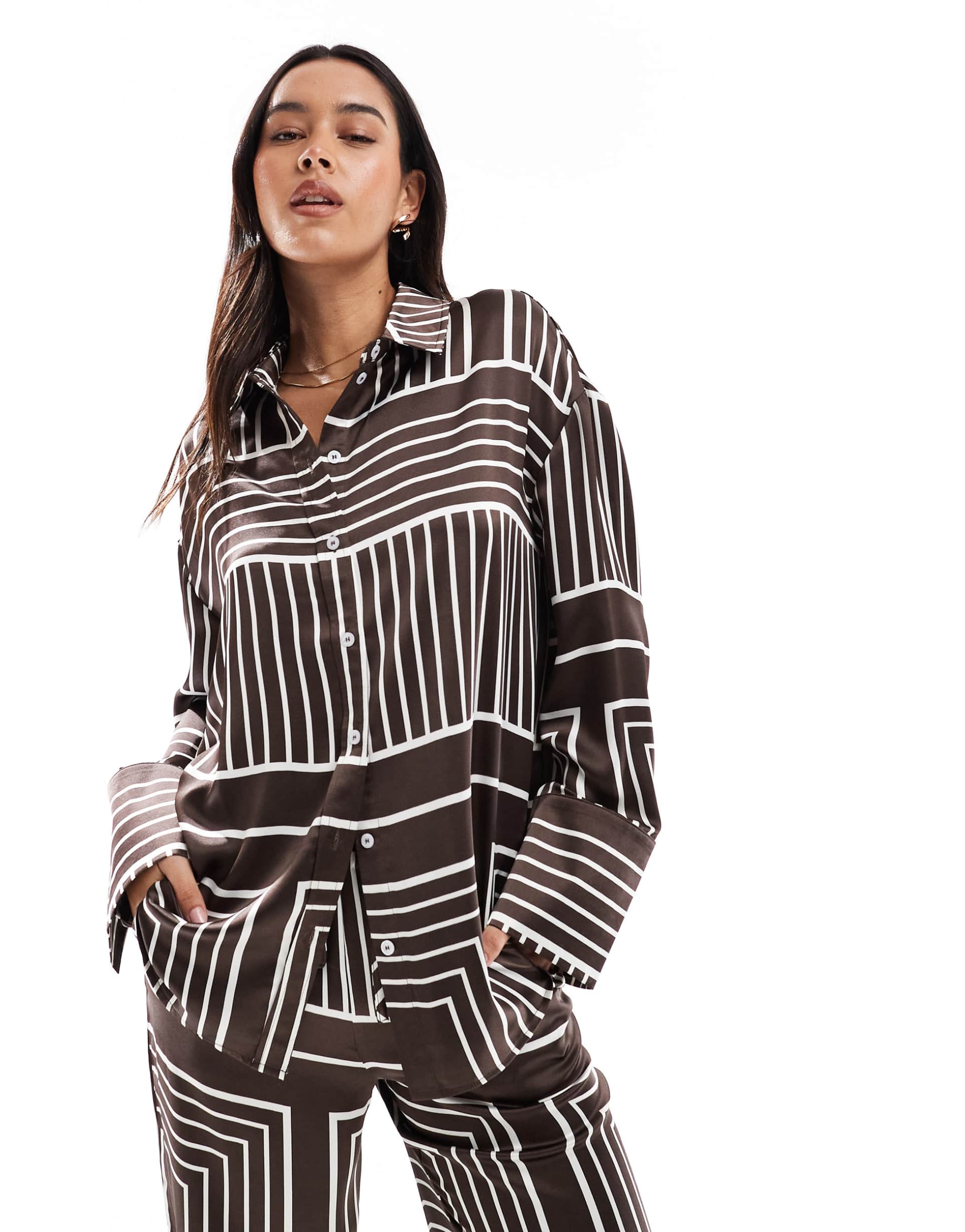 4th & reckless satin wide cuffs button front shirt in brown tile print - part of a set