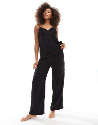 satin wide leg lace panel detail pajama pants in black - part of a set