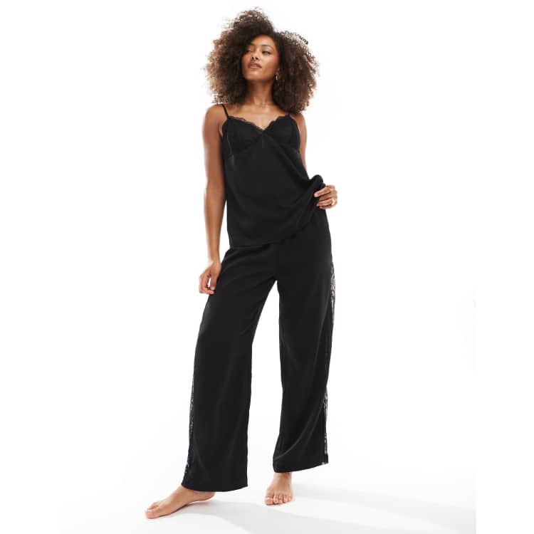 4th Reckless satin wide leg lace panel detail pajama pants in