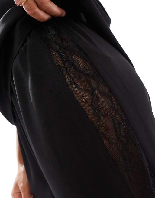 4th & Reckless satin wide leg lace panel detail pajama pants in black - part of a set, 2 of 4