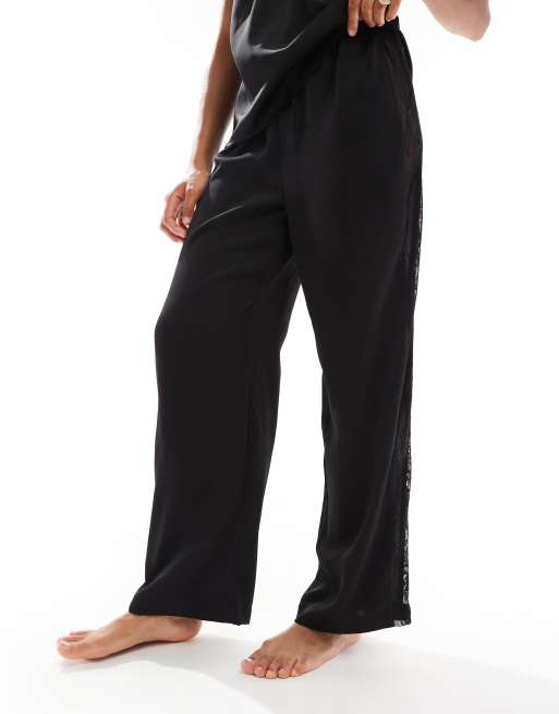 4th & Reckless satin wide leg lace panel detail pajama pants in black - part of a set, 3 of 4
