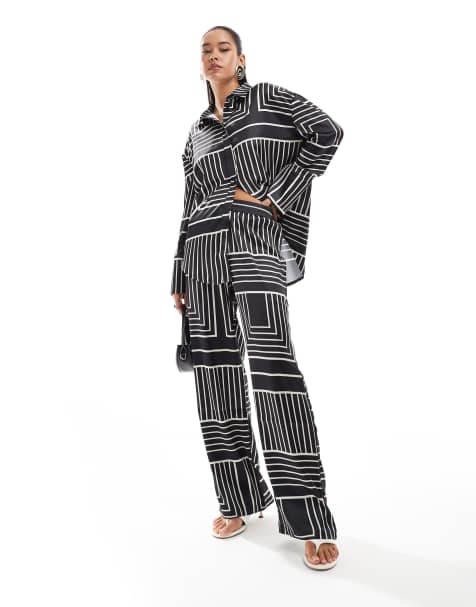 4th & Reckless satin wide leg trousers co-ord in black tile print