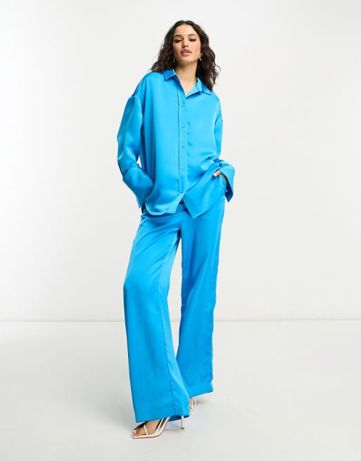 4th & Reckless satin shirt and wide leg pants set in electric blue