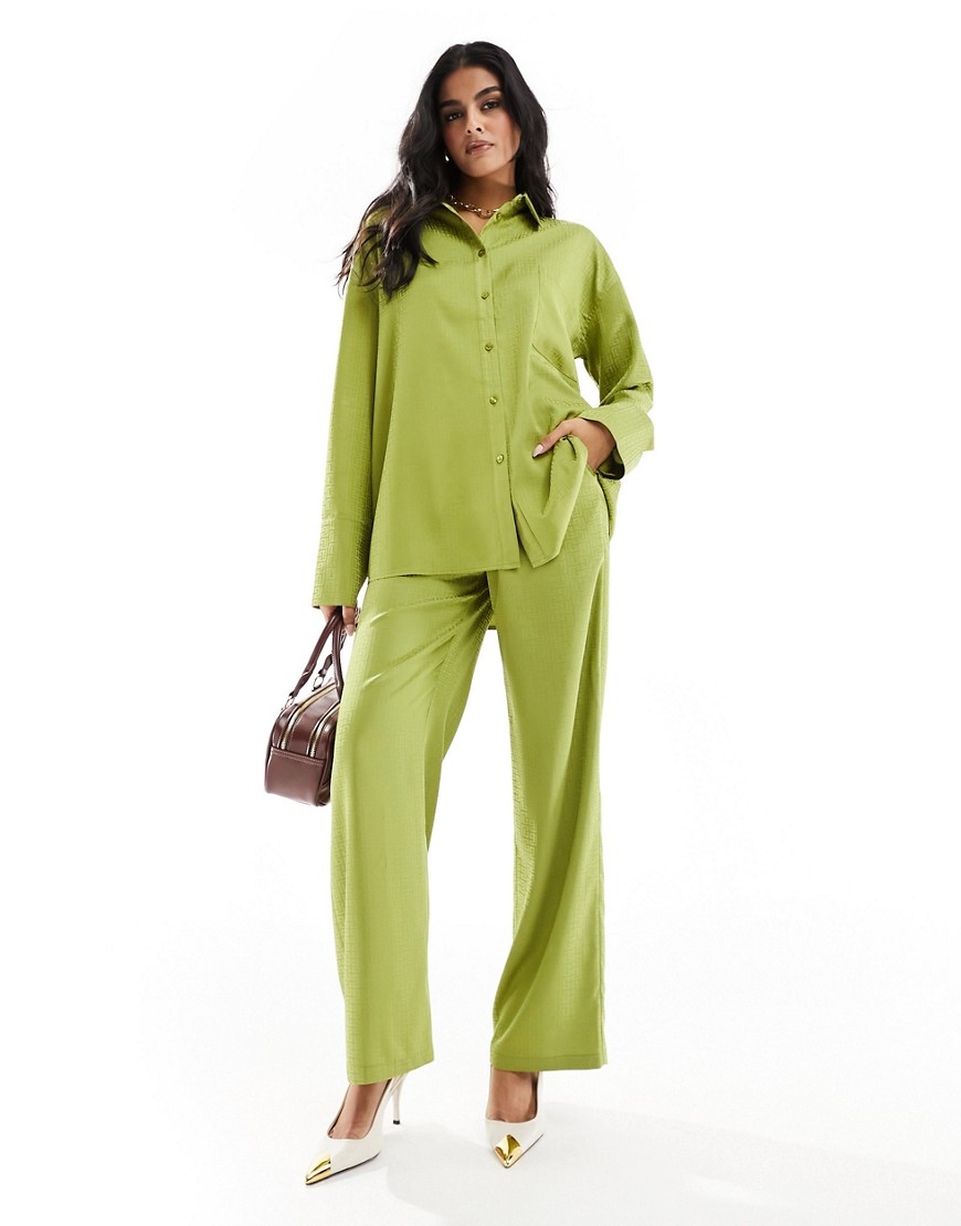 satin wide leg pants in lime - part of a set-Green