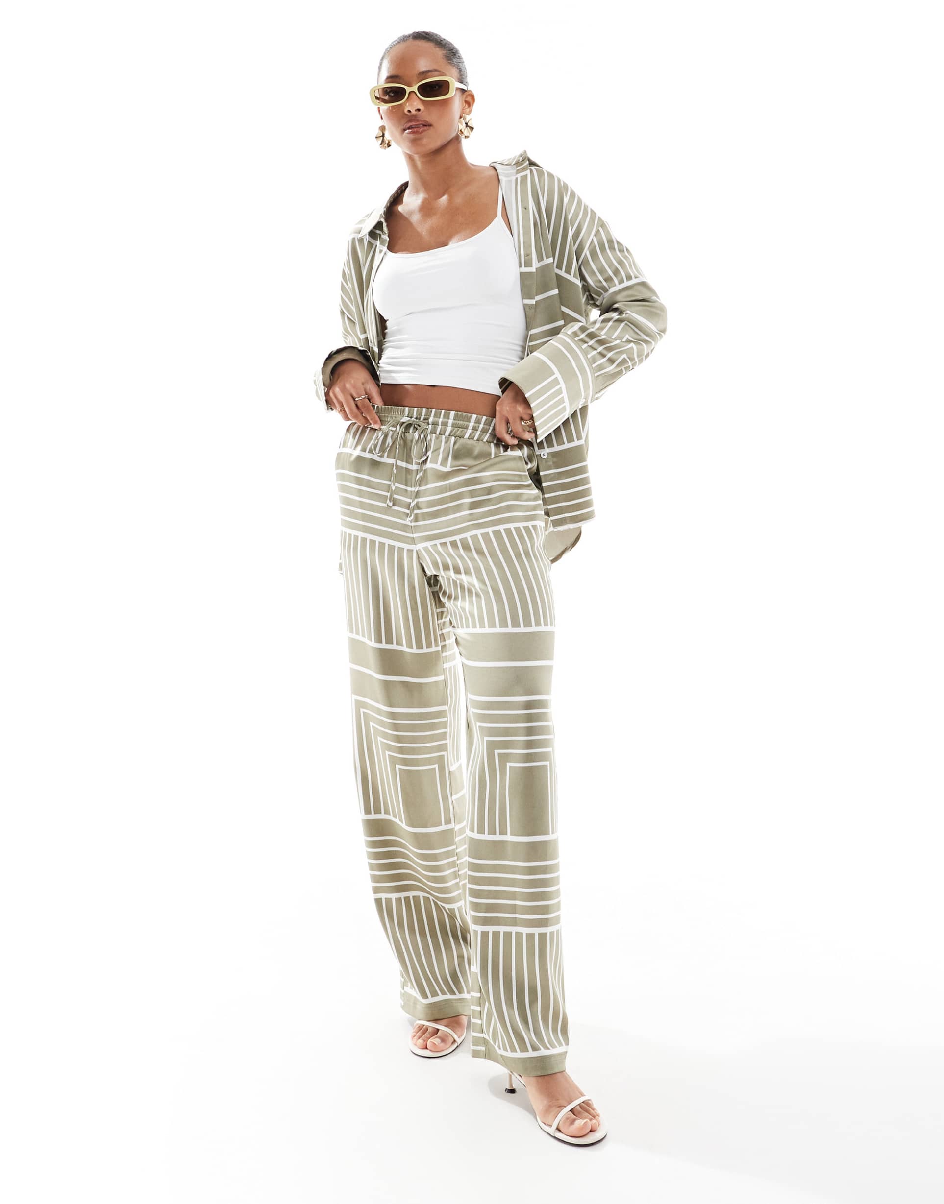 4th & reckless satin wide leg pants in sage tile print - part of a set