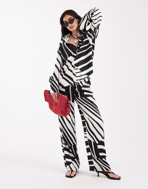 4th & Reckless satin wide leg trousers co-ord in black and white print