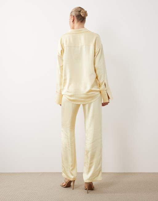 4th & Reckless satin wrap tie detail wide leg pants in lemon - part of a set, 4 of 5
