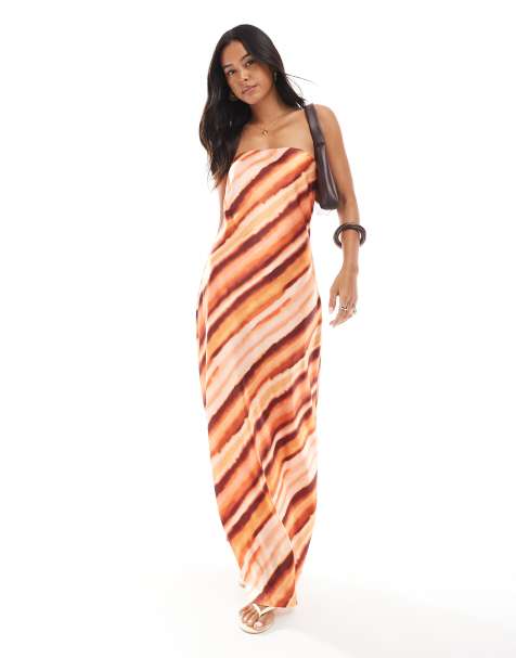 4th & Reckless – Satynowa sukienka maxi z dekoltem bandeau w rdzawe paski z efektem ombre - view 1