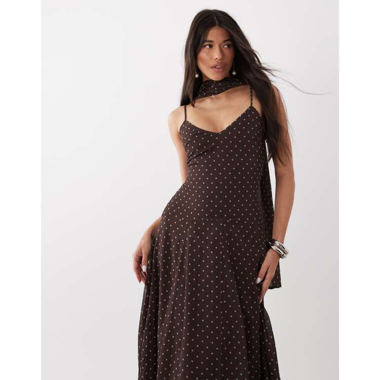 4th & Reckless scarf detail cami chiffon maxi dress in chocolate and blue  polka dot | ASOS
