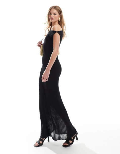 4th & Reckless – Schulterfreies Maxikleid aus feinem Rippstrick in Schwarz mit transparentem Rock - view 1