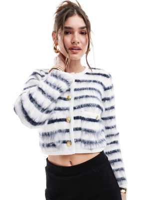 scoop neck fluffy knit button detail cardigan in black and white stripe-Multi