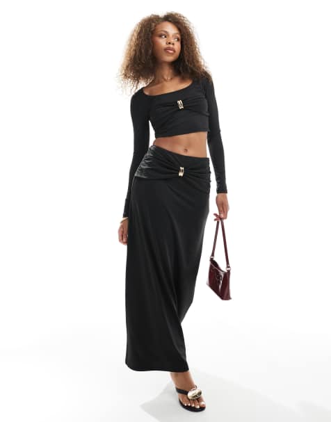 4th & Reckless scoop neck gathered gold hardware detail long sleeve crop top and maxi skirt set in black - view 1