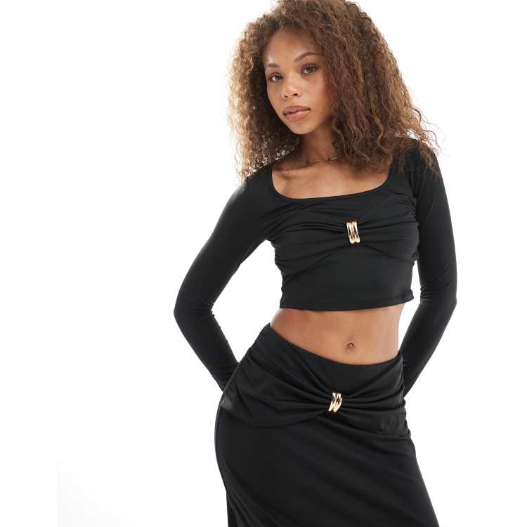 4th & Reckless scoop neck gathered gold hardware detail long