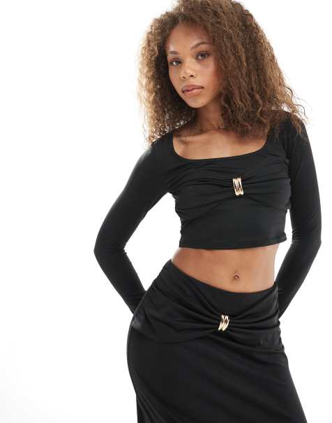 4th & Reckless scoop neck gathered gold hardware detail longsleeve crop top co-ord in black - view 1