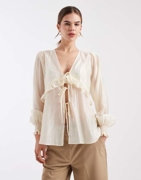 4th & Reckless semi sheer chiffon tie split front frill detail blouse in cream - view 1