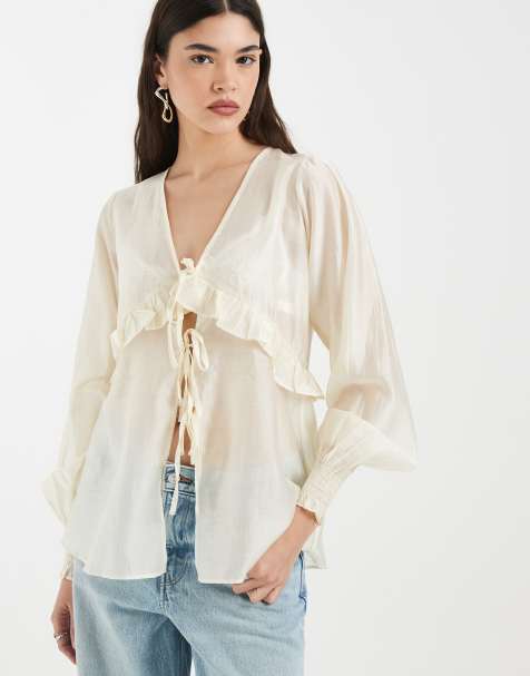 4th & Reckless semi sheer chiffon tie split front frill detailing blouse in cream - view 1