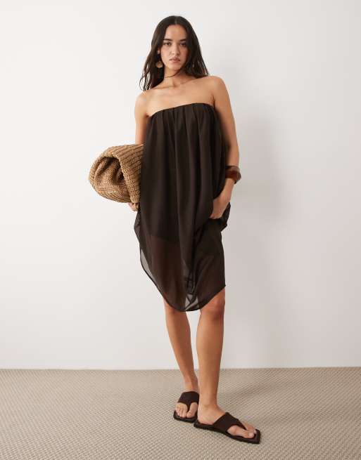 4th & Reckless semi sheer gold hardware bandeau bubble midi beach dress in chocolate, 5 of 7