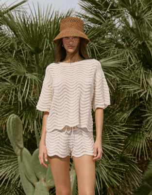 4th & Reckless semi sheer wavy knit drop waist scallop edge beach t-shirt co-ord in beige