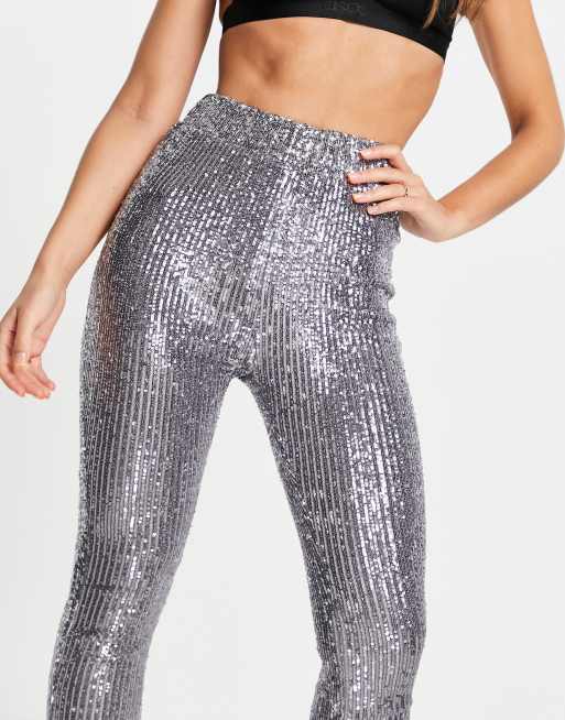 4th & Reckless sequin leggings with front spilt in silver sequin