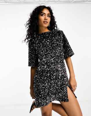 4th & Reckless Marca Silver Sequin Tie-back Short Sleeve Shift Dress In Black