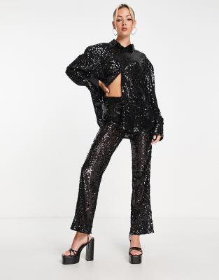 Raving Style Black Sequin High-Rise Slim Leg Pants