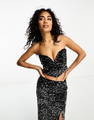 4th & Reckless sequin plunge bandeau top co-ord in black - ASOS Price Checker