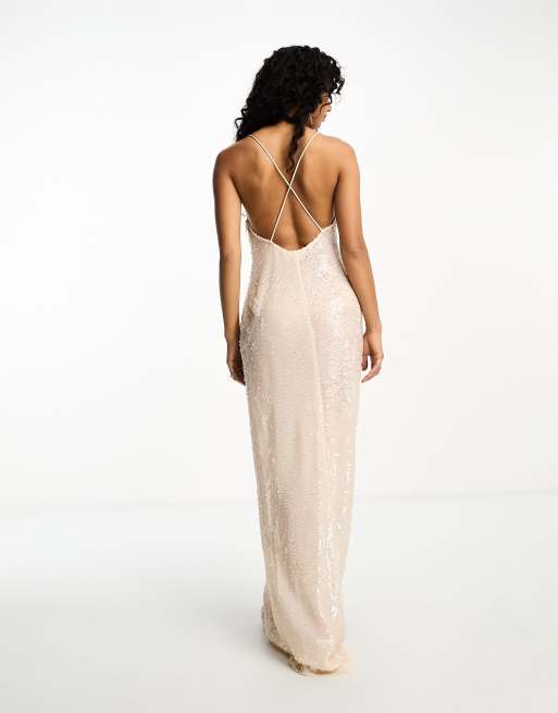 4th Reckless sequin square neck low cross back maxi dress in cream