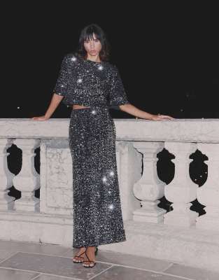 4th & Reckless 4th & Reckless sequin velvet column maxi skirt co-ord in black