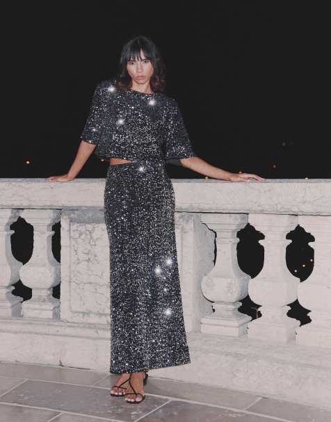 4th & Reckless sequin velvet column maxi skirt in black (part of a set) - view 1