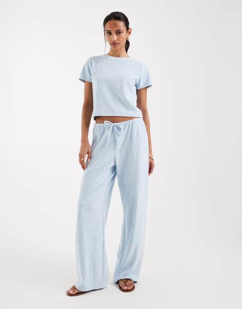 4th & Reckless – Set aus Baumwoll-Frottee in Babyblau mit knapp geschnittenem T-Shirt mit Logo-Stickerei und Hose mit weitem Bein - view 1