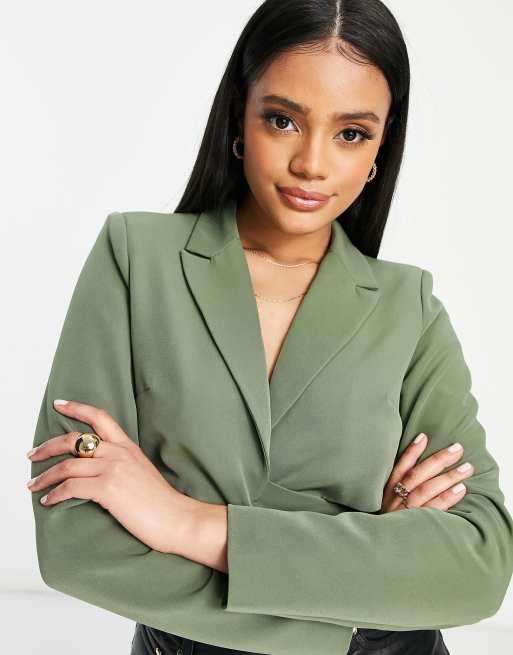 Olive Two Piece Suit, Cropped Blazer With Wide Leg Pants, Office