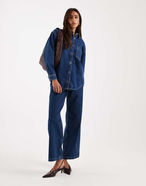 4th & Reckless – Set i mörk tvätt med raka jeans och strukturerad jeansskjorta med knäppning - view 1