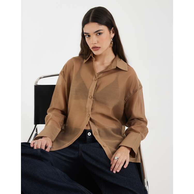 4th & Reckless sheer deep cuffs shirt in taupe | ASOS