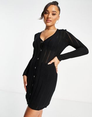 4th & reckless sheer knitted mini dress with button through in black