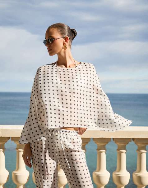 4th & Reckless sheer mesh beach cape top in white polka dot - part of a set - view 1