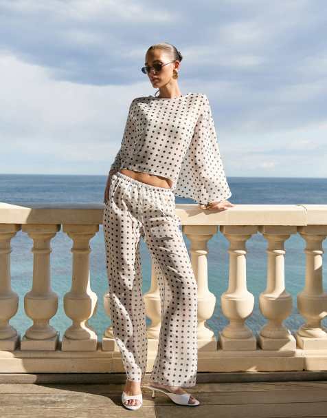 4th & Reckless sheer mesh elastic waist wide leg beach pants in white polka dot - part of a set - view 1
