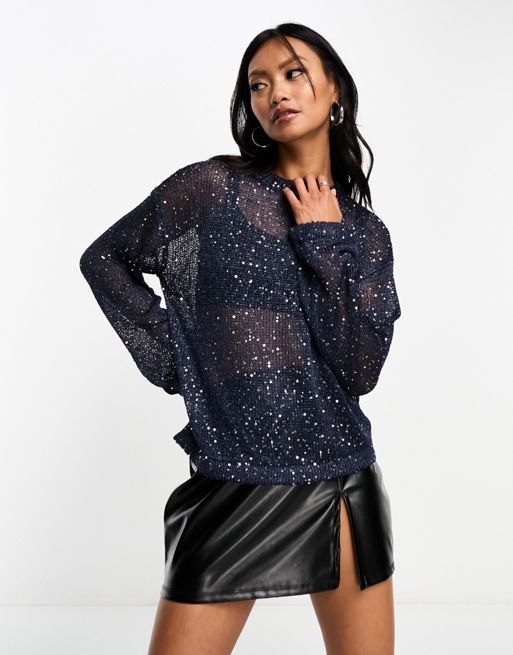 4th & Reckless sheer sequin knitted top in navy | ASOS